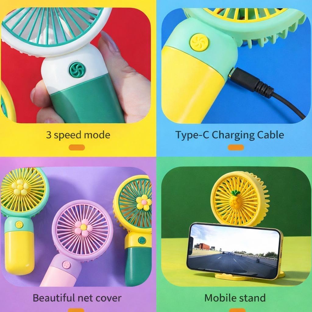 TYROCX Premium Pastel Mini Handheld Fan | USB Rechargeable Portable Personal Cooling Fan with Cute Daisy Design | 3-Speed Desktop & Travel Fan (Multicolor)