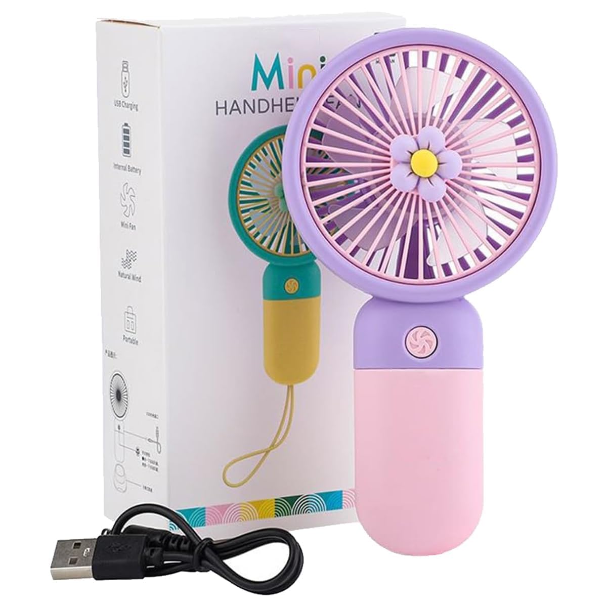 TYROCX Premium Pastel Mini Handheld Fan | USB Rechargeable Portable Personal Cooling Fan with Cute Daisy Design | 3-Speed Desktop & Travel Fan (Multicolor)