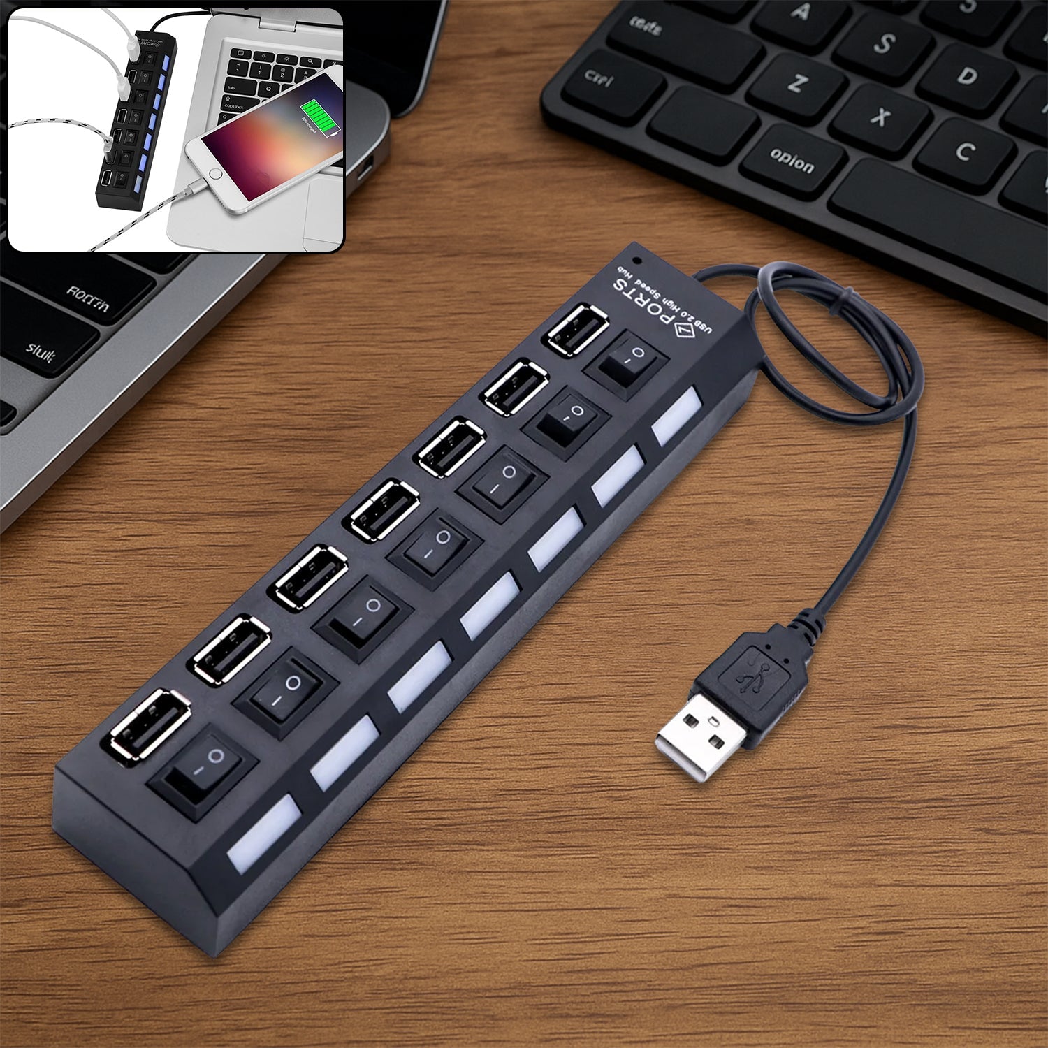 7 Port USB Hub with individual switches and LED indicators