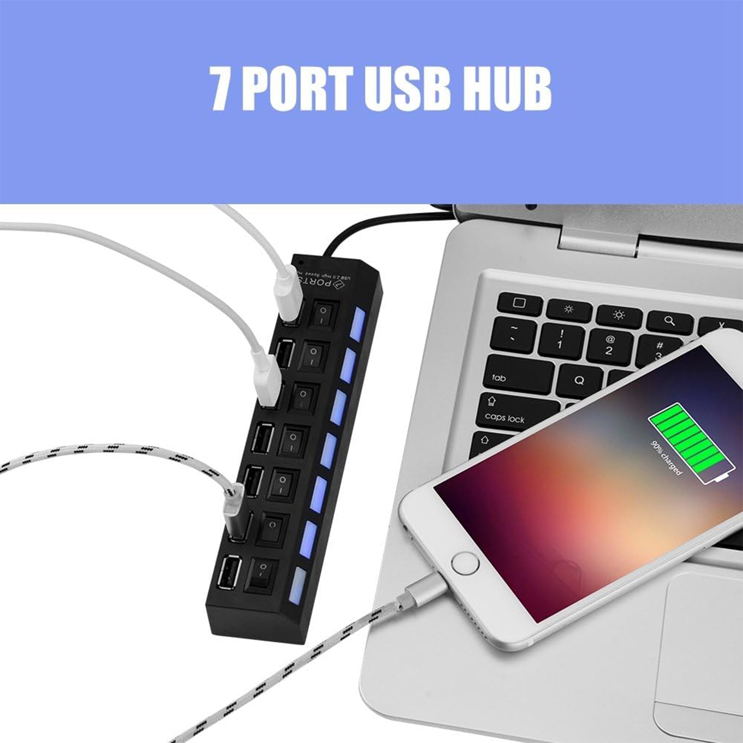 7 Port USB Hub with individual switches and LED indicators