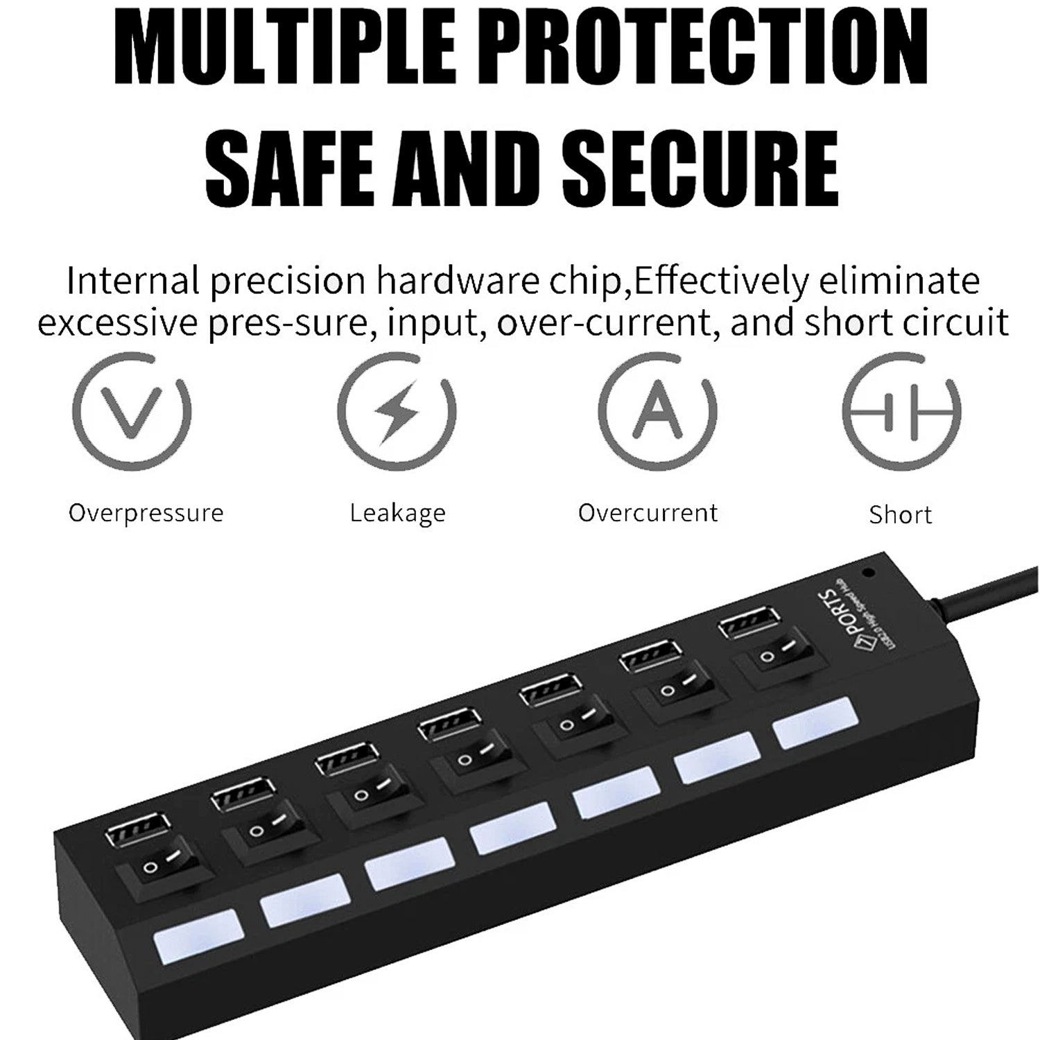 7 Port USB Hub with individual switches and LED indicators